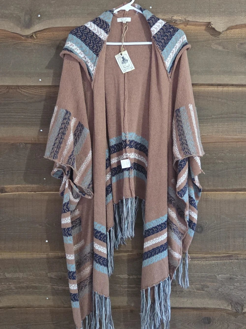 Easel Rust Hooded Fringe Wrap with Blue and Cream Stripes Western Native Indian